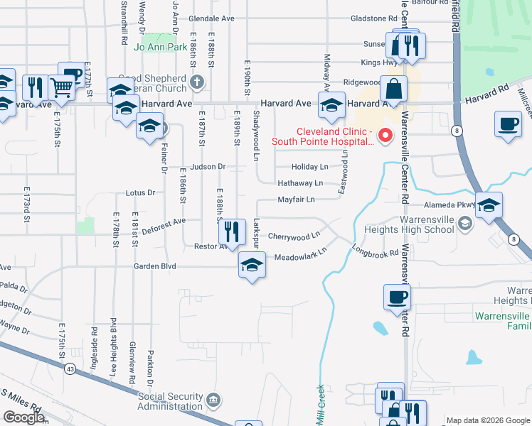 map of restaurants, bars, coffee shops, grocery stores, and more near 19119 Longbrook Road in Warrensville Heights