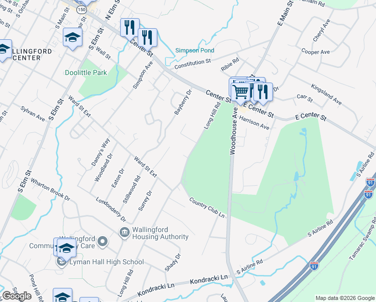 map of restaurants, bars, coffee shops, grocery stores, and more near 138 Long Hill Road in Wallingford