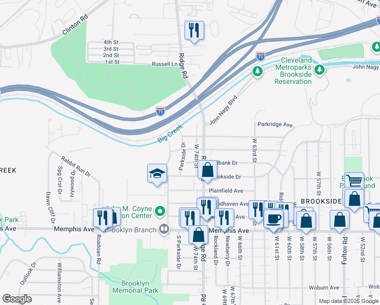 map of restaurants, bars, coffee shops, grocery stores, and more near 7415 Meadowbrook Drive in Brooklyn