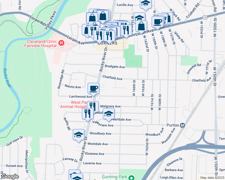 map of restaurants, bars, coffee shops, grocery stores, and more near 17007 Scullin Drive in Cleveland