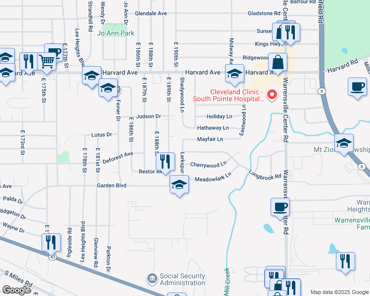 map of restaurants, bars, coffee shops, grocery stores, and more near 19111 Longbrook Road in Warrensville Heights