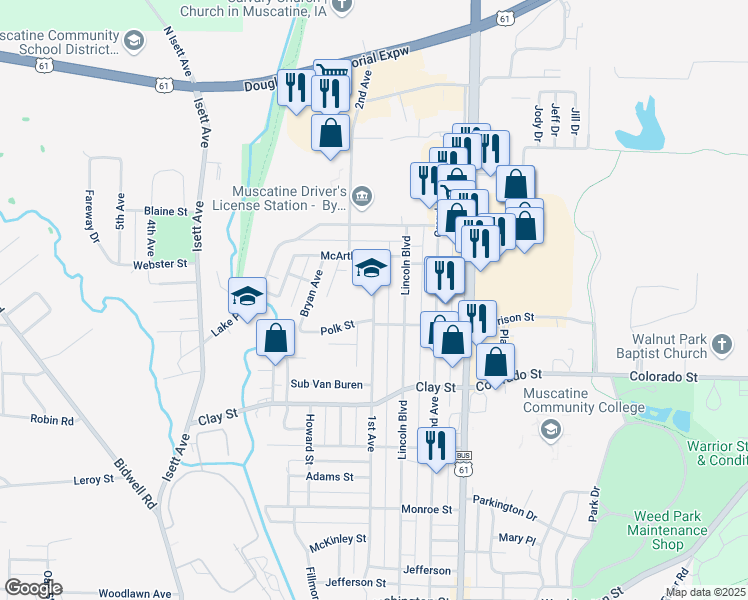 map of restaurants, bars, coffee shops, grocery stores, and more near 1820 1st Avenue in Muscatine