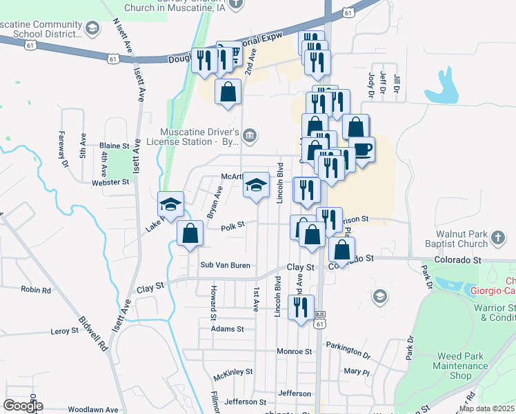 map of restaurants, bars, coffee shops, grocery stores, and more near 1820 1st Avenue in Muscatine