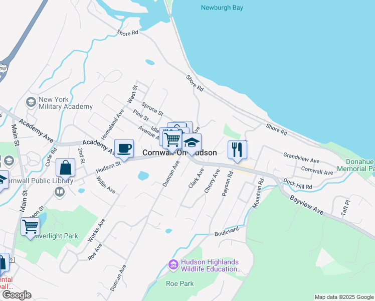 map of restaurants, bars, coffee shops, grocery stores, and more near 234 Hudson Street in Cornwall-on-Hudson