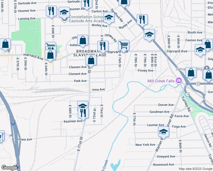 map of restaurants, bars, coffee shops, grocery stores, and more near 4187 East 74th Street in Cleveland