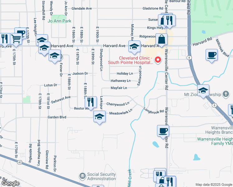 map of restaurants, bars, coffee shops, grocery stores, and more near 19401 Longbrook Rd in Warrensville Heights