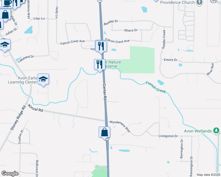 map of restaurants, bars, coffee shops, grocery stores, and more near 2947 Ohio 83 in Avon