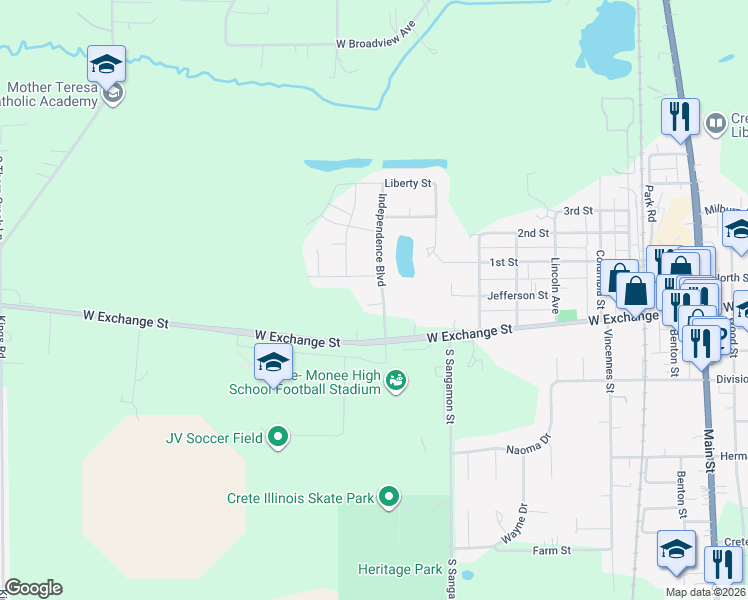 map of restaurants, bars, coffee shops, grocery stores, and more near 24552 Independence Boulevard in Crete