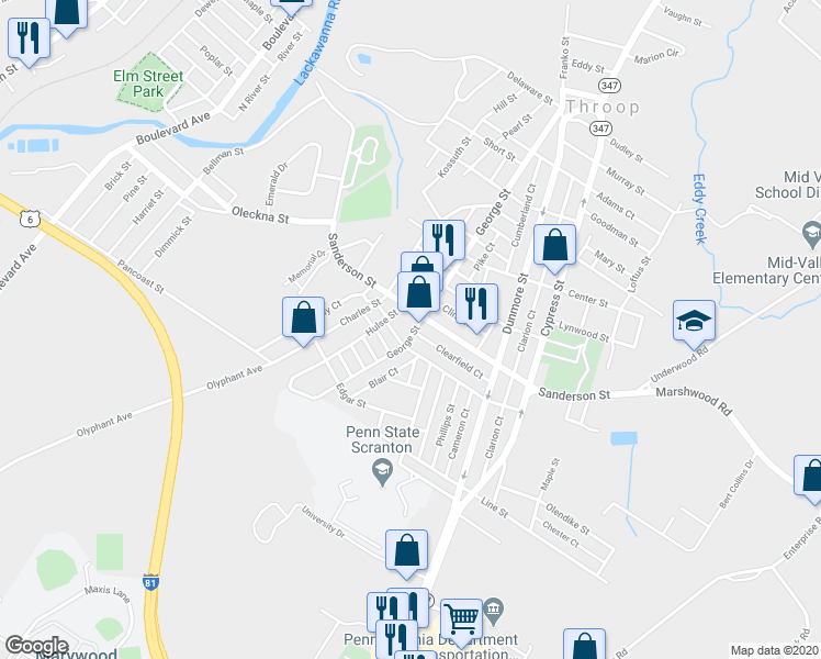 map of restaurants, bars, coffee shops, grocery stores, and more near 223 George Street in Throop