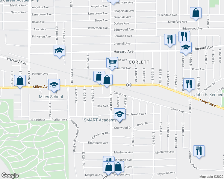 map of restaurants, bars, coffee shops, grocery stores, and more near 4211 East 131st Street in Cleveland