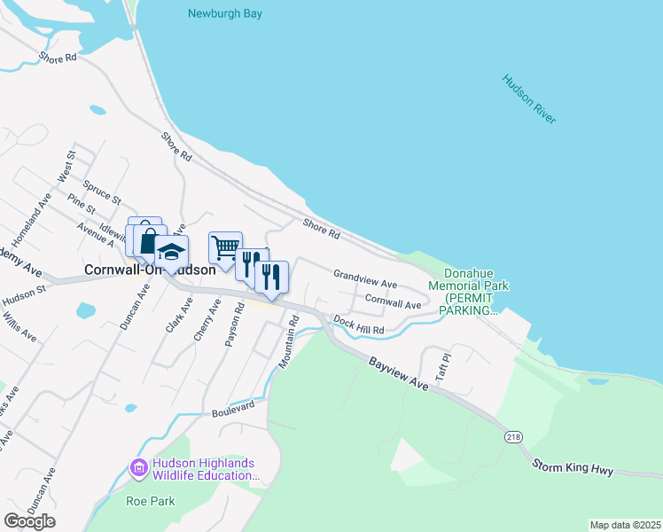 map of restaurants, bars, coffee shops, grocery stores, and more near 9 Grandview Avenue in Cornwall-on-Hudson
