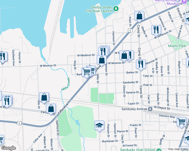map of restaurants, bars, coffee shops, grocery stores, and more near 1036 Tiffin Avenue in Sandusky