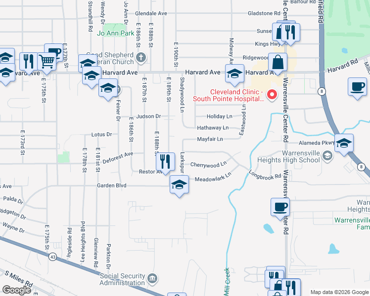 map of restaurants, bars, coffee shops, grocery stores, and more near 19119 Longbrook Road in Warrensville Heights