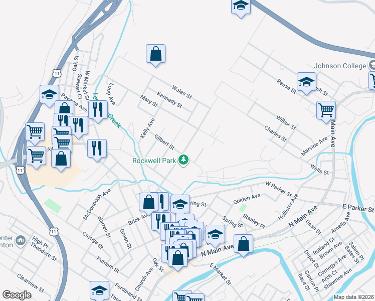 map of restaurants, bars, coffee shops, grocery stores, and more near 2220 Rockwell Avenue in Scranton