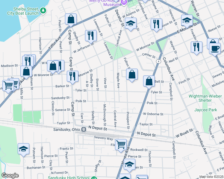 map of restaurants, bars, coffee shops, grocery stores, and more near 1223 Central Ave in Sandusky