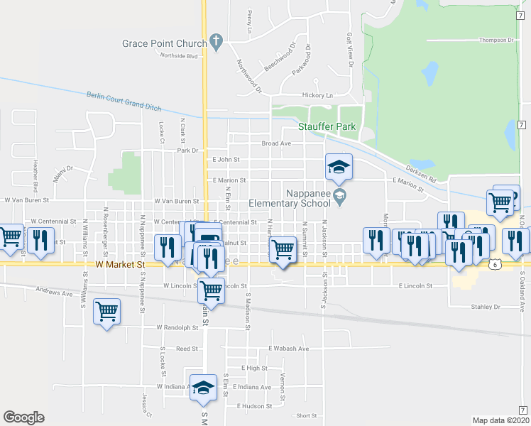 map of restaurants, bars, coffee shops, grocery stores, and more near 306 North Hartman Street in Nappanee