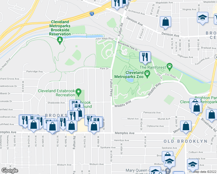 map of restaurants, bars, coffee shops, grocery stores, and more near 4102 Fulton Parkway in Cleveland