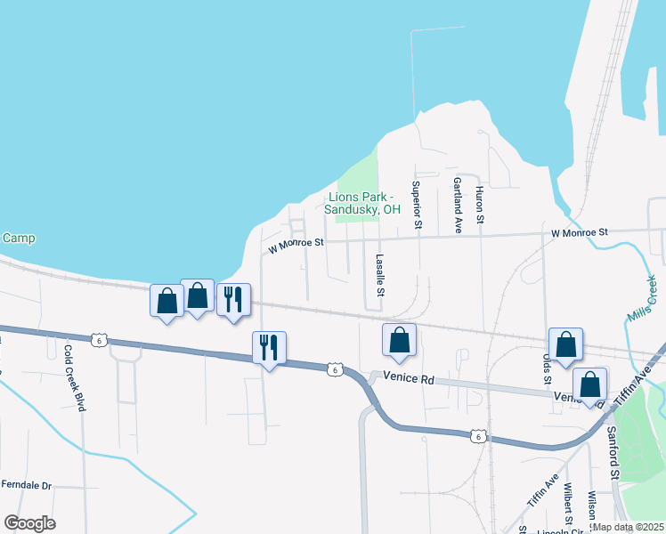 map of restaurants, bars, coffee shops, grocery stores, and more near 1022 Bennett Avenue in Sandusky