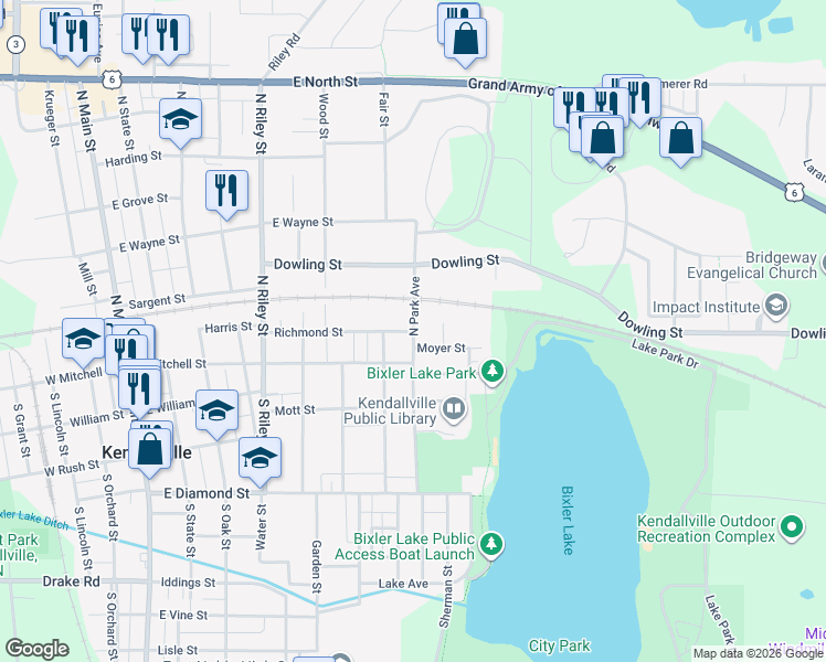 map of restaurants, bars, coffee shops, grocery stores, and more near 799 Richmond Street in Kendallville