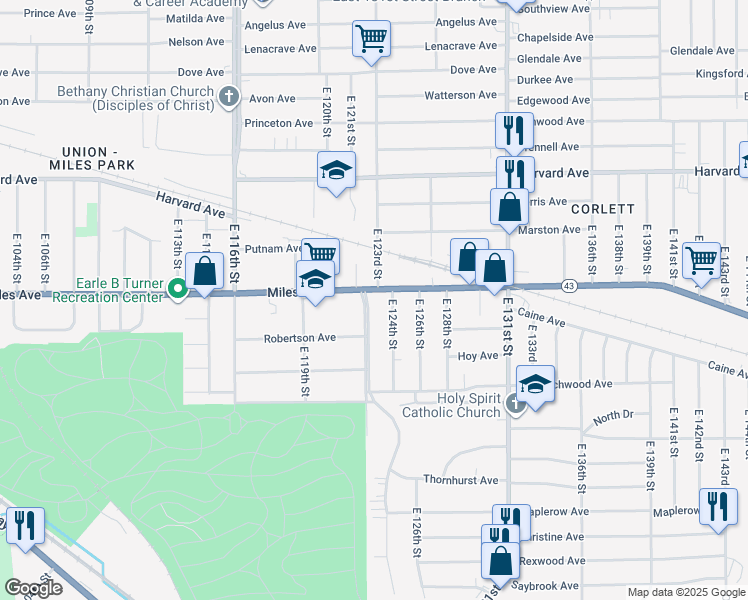 map of restaurants, bars, coffee shops, grocery stores, and more near 12210 Miles Avenue in Cleveland