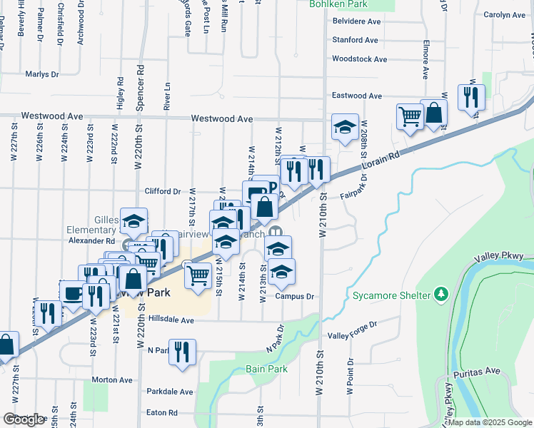 map of restaurants, bars, coffee shops, grocery stores, and more near 21280 Lorain Road in Fairview Park