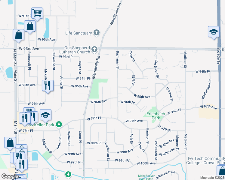 map of restaurants, bars, coffee shops, grocery stores, and more near 9519 Lincoln Court in Crown Point