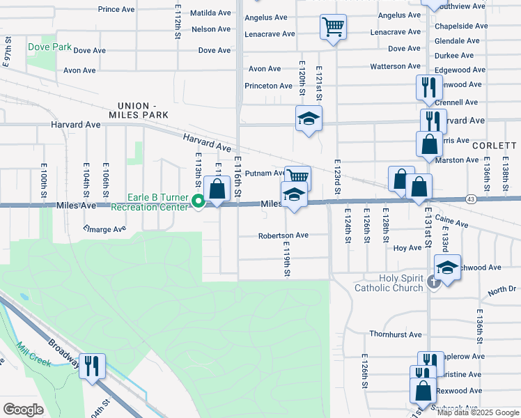 map of restaurants, bars, coffee shops, grocery stores, and more near 11708 Miles Avenue in Cleveland