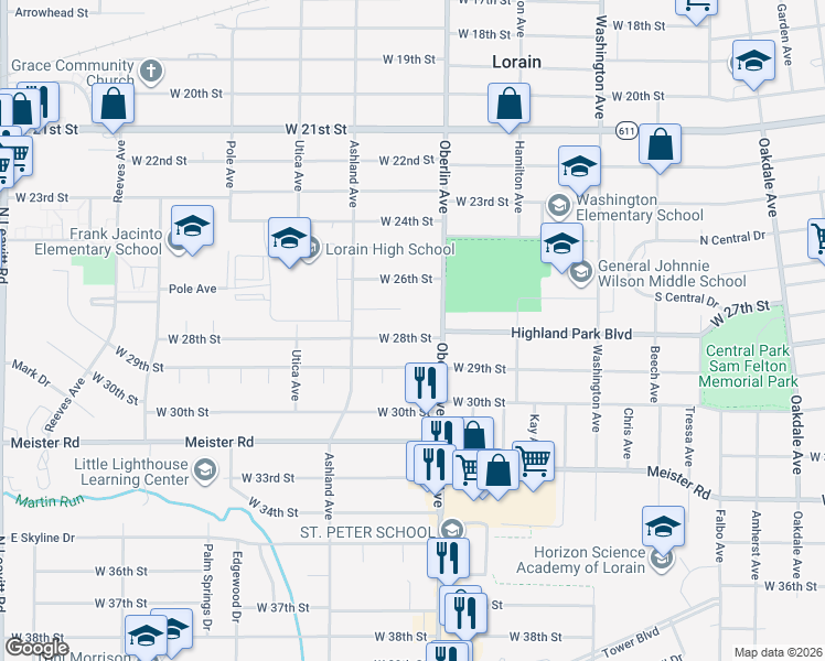 map of restaurants, bars, coffee shops, grocery stores, and more near 1220 West 28th Street in Lorain