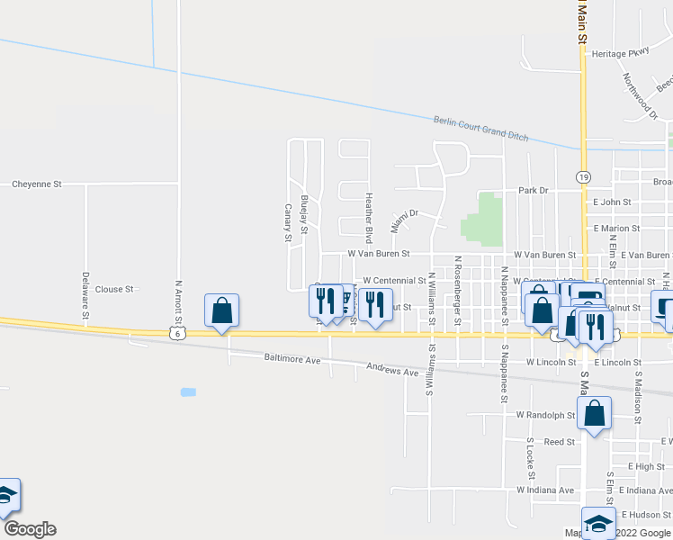 map of restaurants, bars, coffee shops, grocery stores, and more near 342 Pinecroft Street in Nappanee