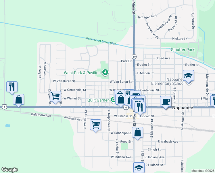 map of restaurants, bars, coffee shops, grocery stores, and more near 308 North Nappanee Street in Nappanee
