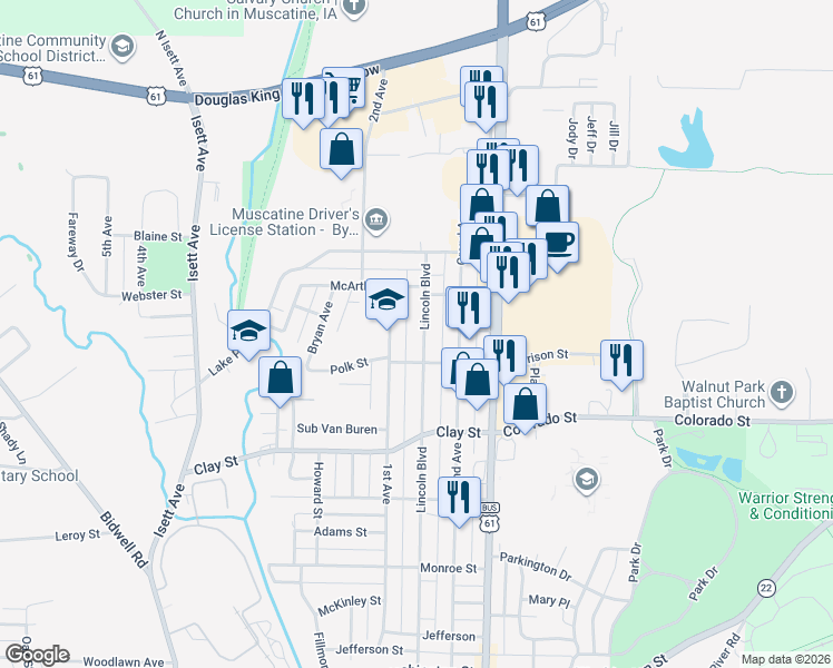 map of restaurants, bars, coffee shops, grocery stores, and more near 1806 Lincoln Boulevard in Muscatine