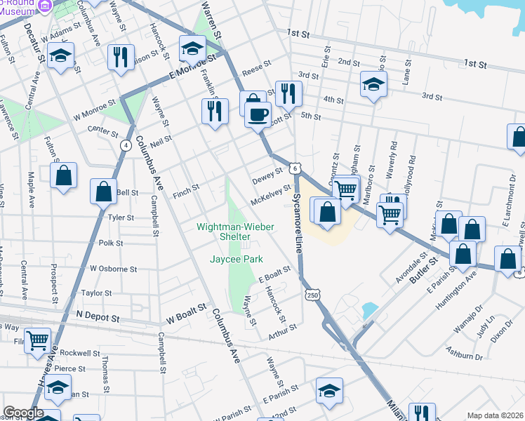 map of restaurants, bars, coffee shops, grocery stores, and more near 1414 Milan Road in Sandusky