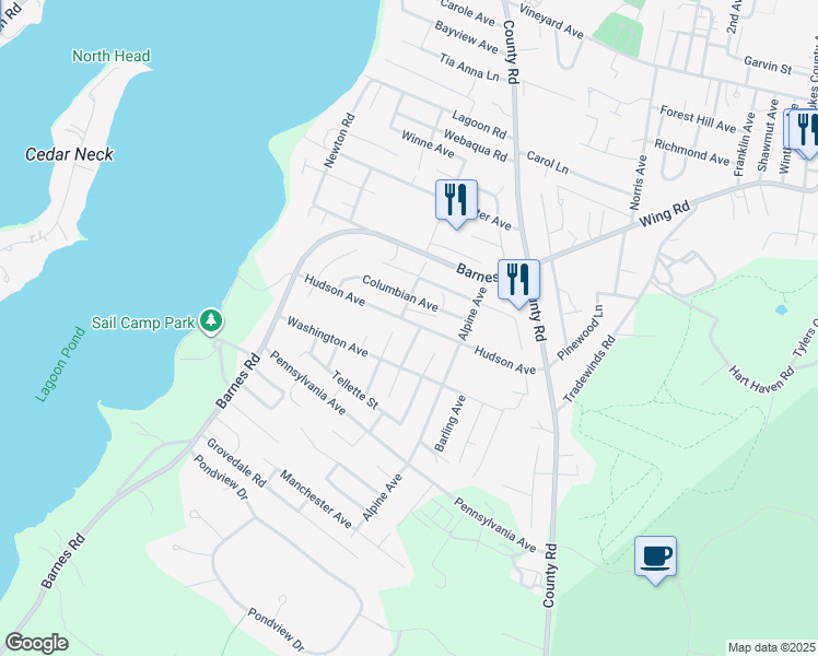 map of restaurants, bars, coffee shops, grocery stores, and more near 66 Hudson Avenue in Oak Bluffs