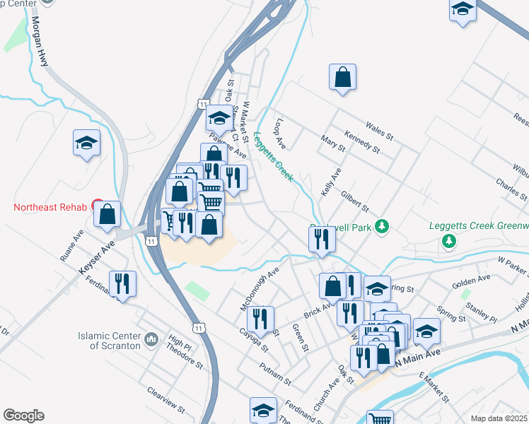 map of restaurants, bars, coffee shops, grocery stores, and more near 719 W Market St in Scranton