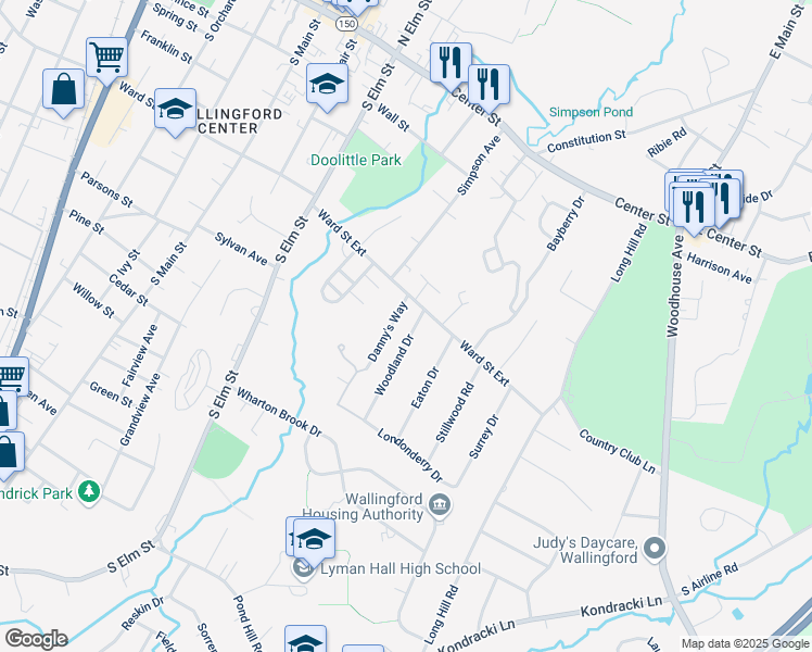 map of restaurants, bars, coffee shops, grocery stores, and more near 19 Danny's Way in Wallingford