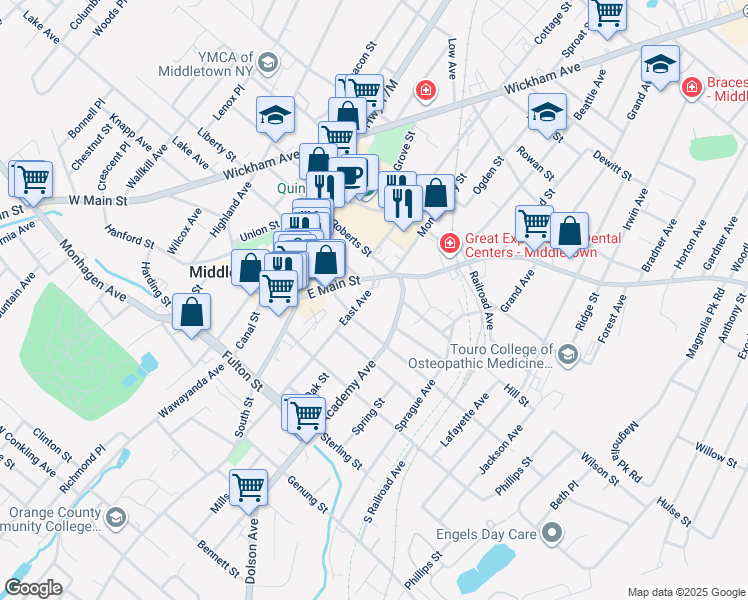 map of restaurants, bars, coffee shops, grocery stores, and more near 9 East Avenue in Middletown