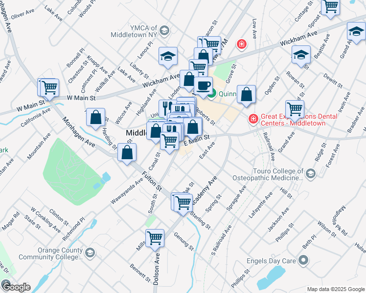 map of restaurants, bars, coffee shops, grocery stores, and more near 2 North Street in Middletown