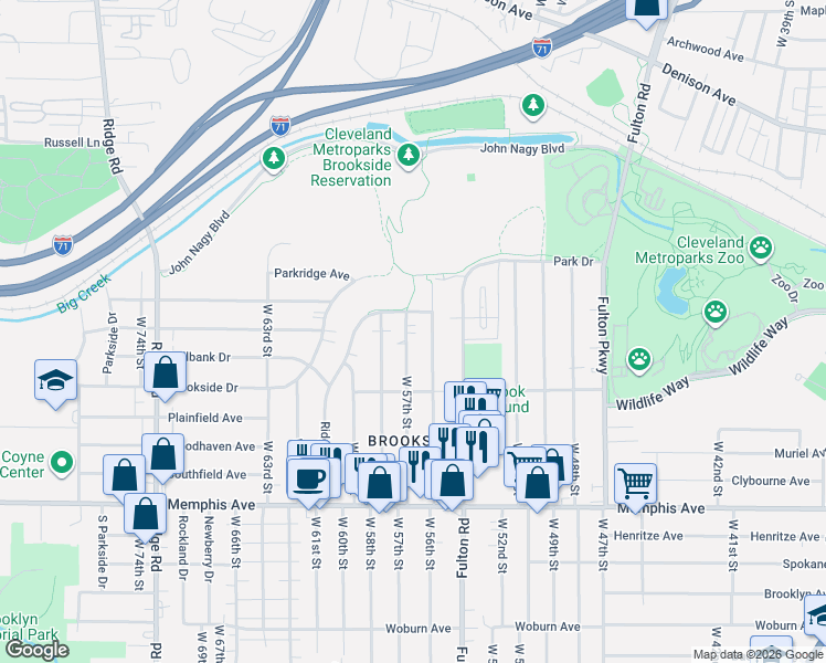 map of restaurants, bars, coffee shops, grocery stores, and more near 4102 West 57th Street in Cleveland
