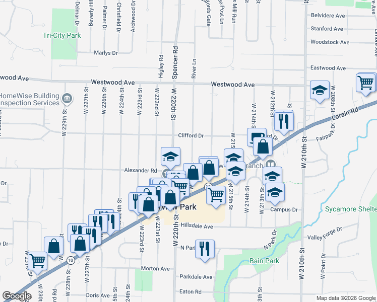 map of restaurants, bars, coffee shops, grocery stores, and more near 4245 West 219th Street in Fairview Park
