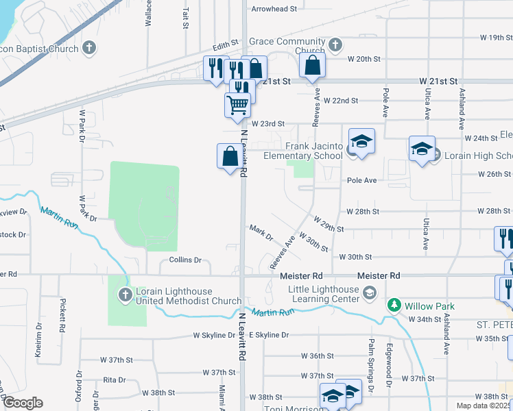 map of restaurants, bars, coffee shops, grocery stores, and more near 3001 North Leavitt Road in Lorain