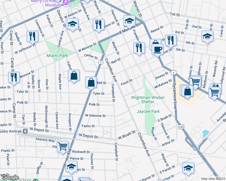 map of restaurants, bars, coffee shops, grocery stores, and more near 1221 Columbus Avenue in Sandusky