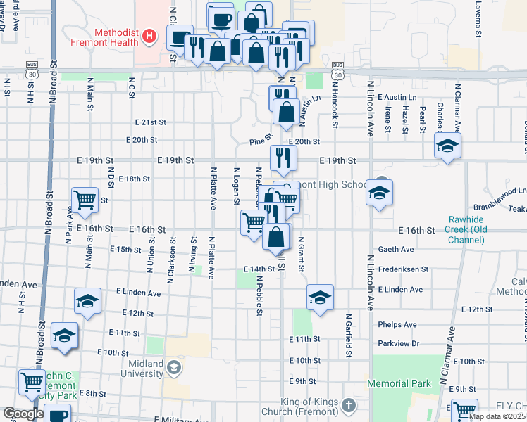 map of restaurants, bars, coffee shops, grocery stores, and more near 1640 North Pebble Street in Fremont