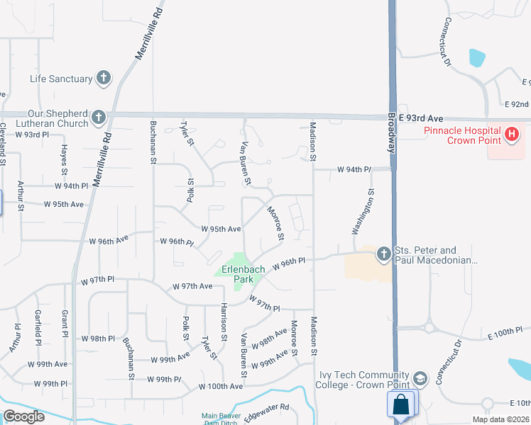 map of restaurants, bars, coffee shops, grocery stores, and more near 1243 West 95th Place in Crown Point