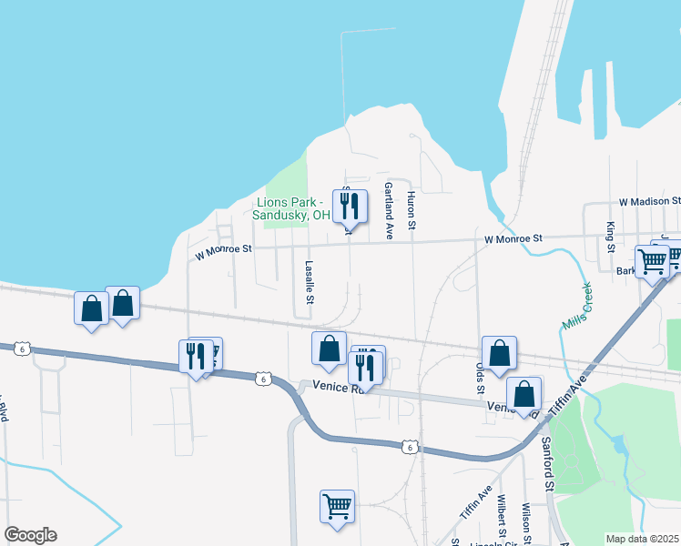 map of restaurants, bars, coffee shops, grocery stores, and more near 1031 Superior Street in Sandusky