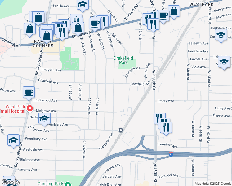 map of restaurants, bars, coffee shops, grocery stores, and more near 4029 West 157th Street in Cleveland
