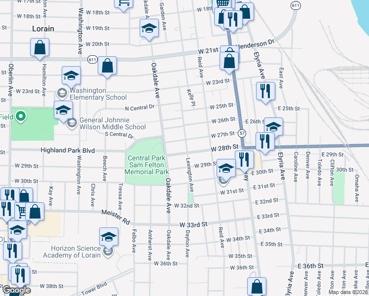 map of restaurants, bars, coffee shops, grocery stores, and more near 2732 Lexington Avenue in Lorain