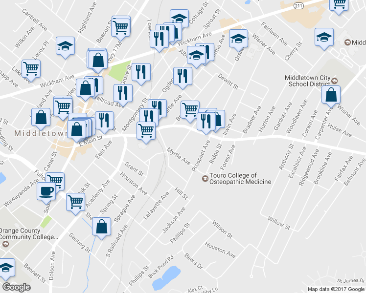 map of restaurants, bars, coffee shops, grocery stores, and more near 12 Grand Ave in Middletown