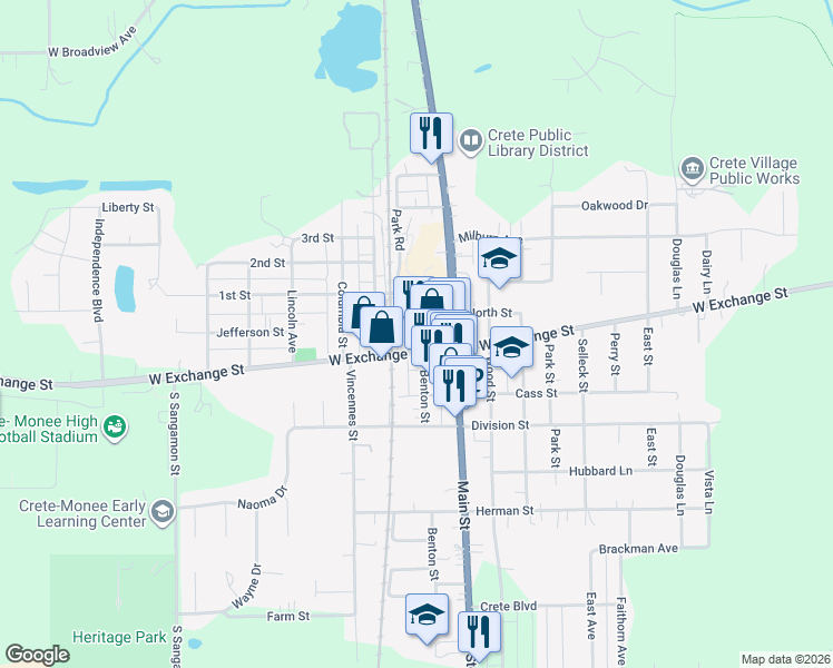 map of restaurants, bars, coffee shops, grocery stores, and more near 1334 Benton Street in Crete