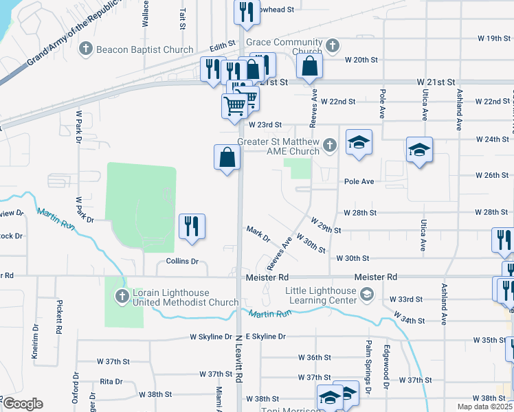 map of restaurants, bars, coffee shops, grocery stores, and more near 3001 Leavitt Road in Lorain