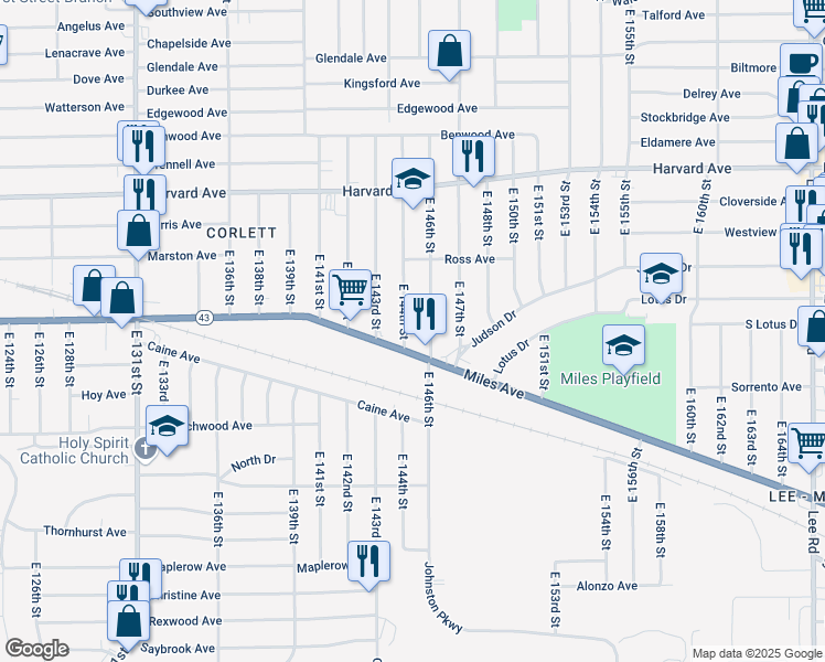 map of restaurants, bars, coffee shops, grocery stores, and more near 4193 East 144th Street in Cleveland